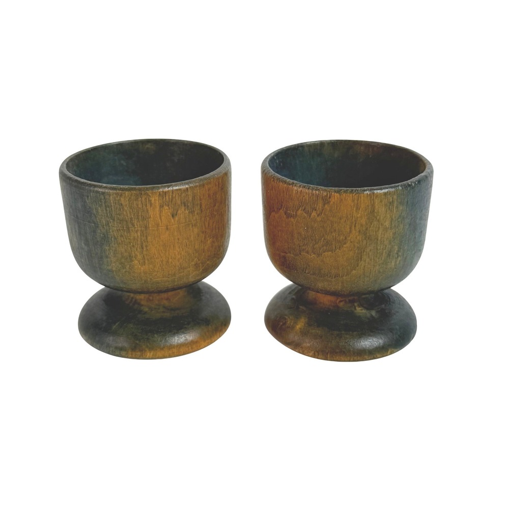 Vintage Walt Disney Co Wooden Egg Cups Set of 2 Green Brown Stained Pedestal